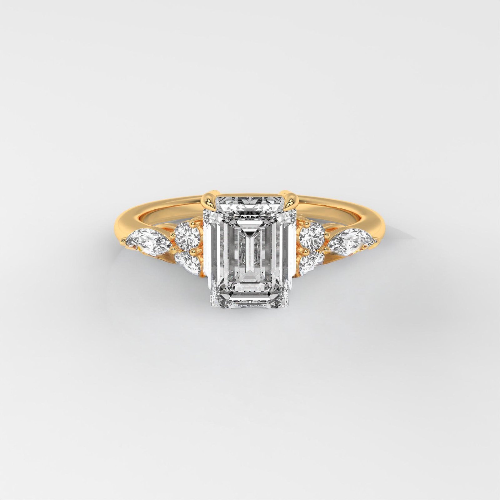 Emerald Cut Engagement Ring with Round & Marquise Side Stones