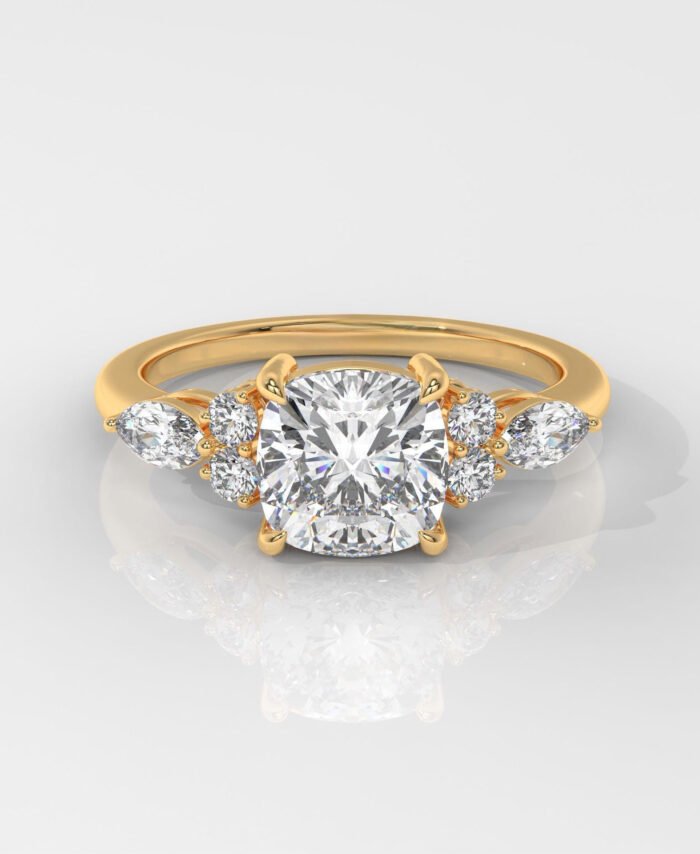 Square Cushion Engagement Ring with Marquise & Round Side Stones