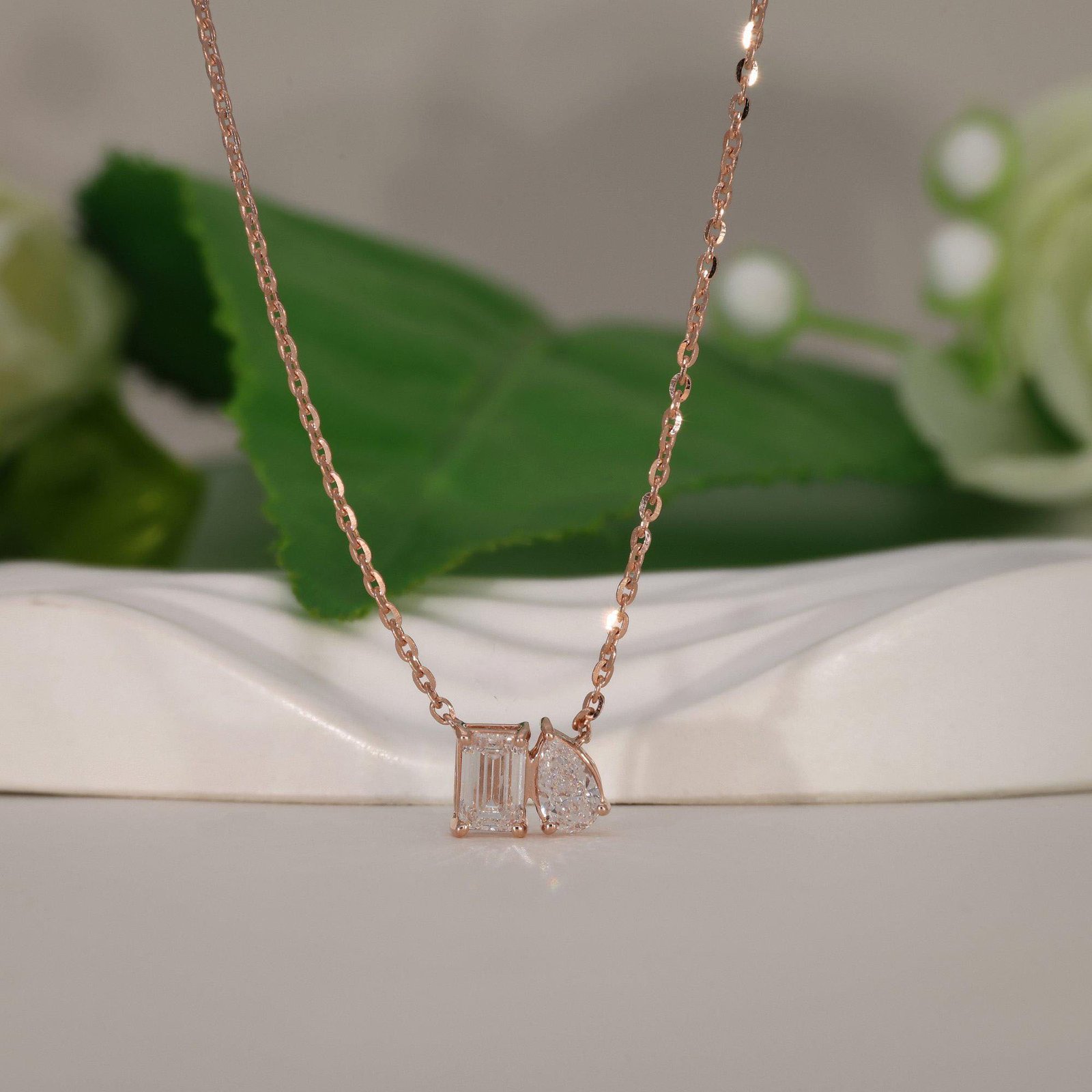 Pear & Emerald Cut Rose Gold Toi Et Moi Necklace