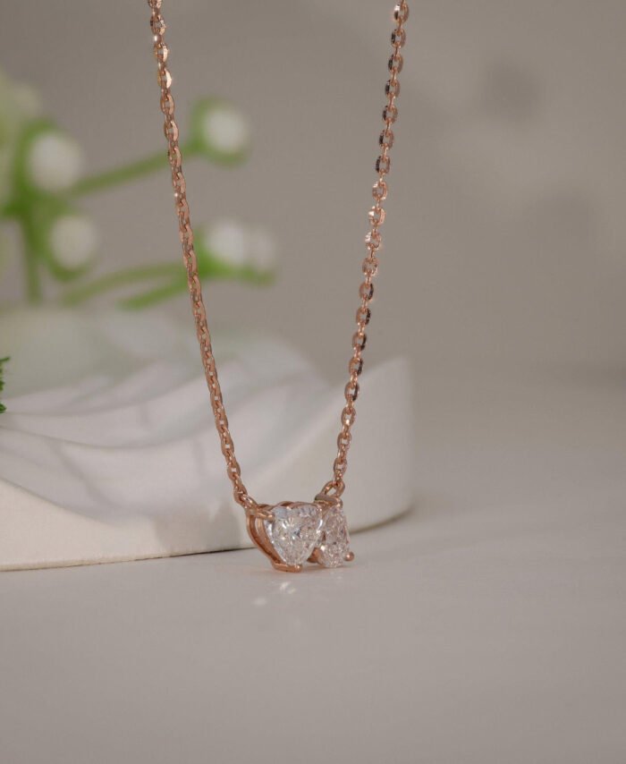 Heart & Pear Cut Rose Gold Toi Et Moi Diamond Necklace